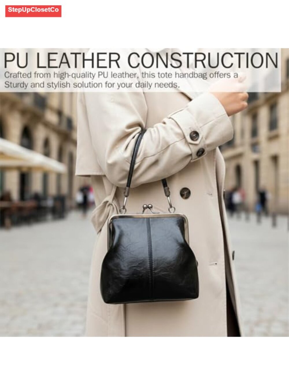 Retro Kiss Lock Crossbody Bag PU Leather Tote Handbag - Picture 4 of 6